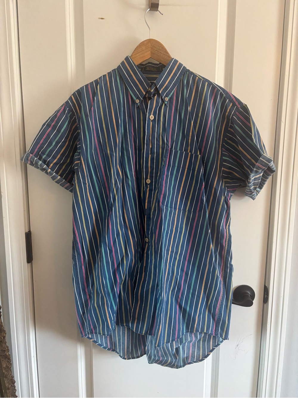 Men's Blue Multicolor Striped Short-Sleeve Button-Up Shirt